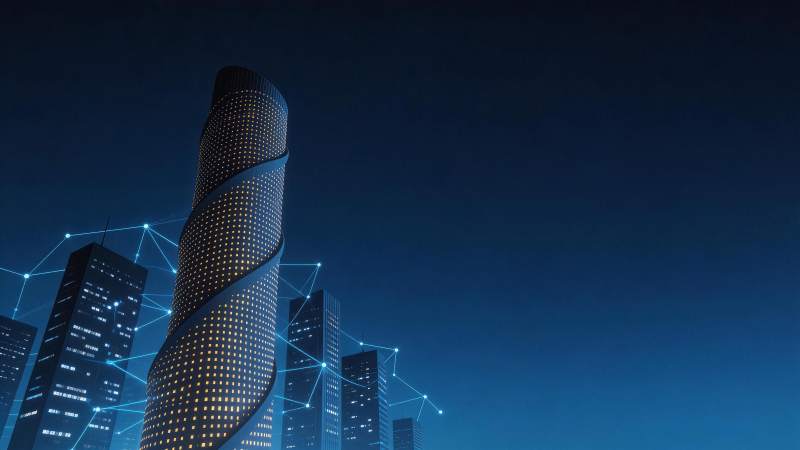 螺旋形摩天大楼与数字网络连接夜景图片