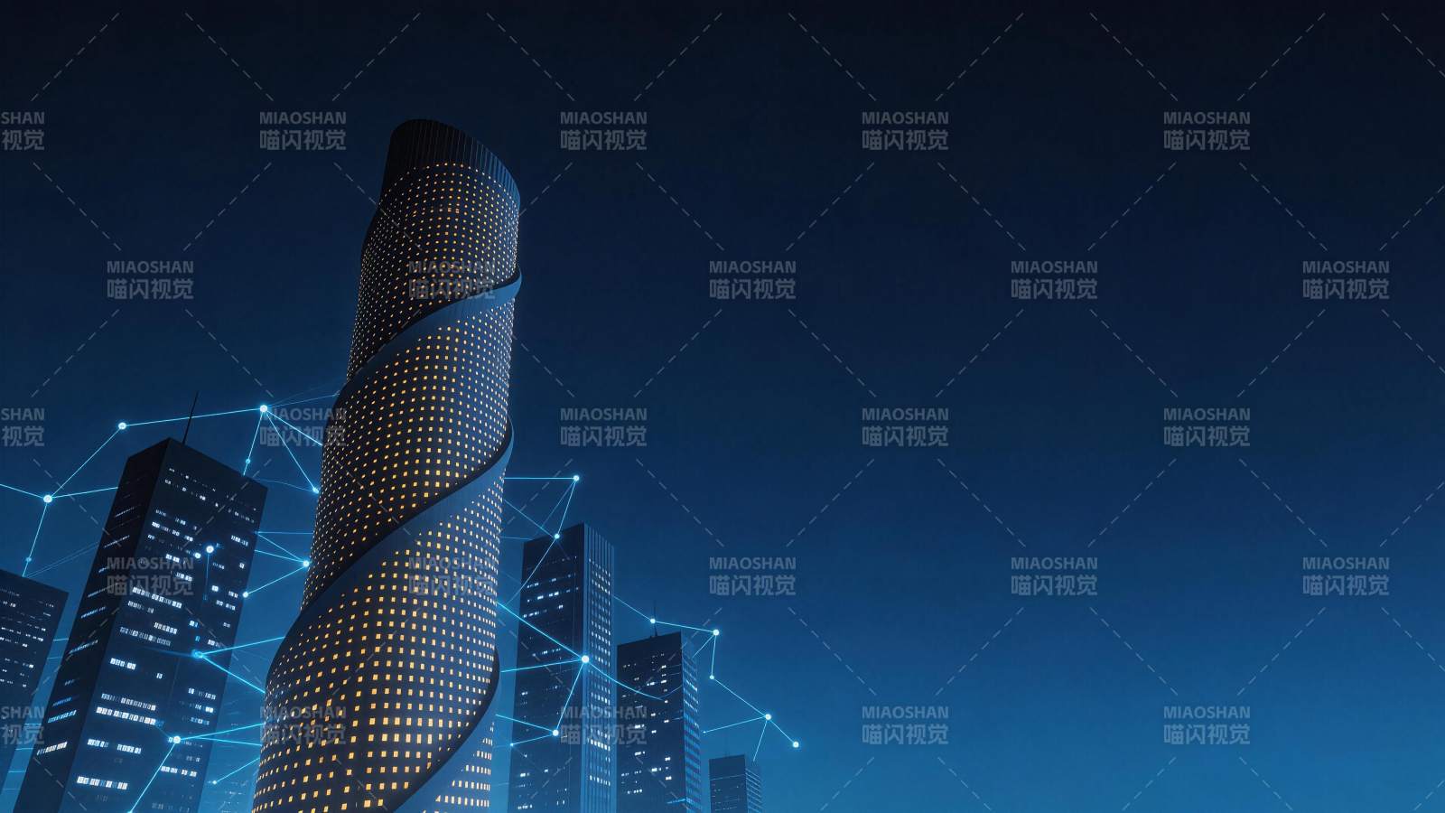 螺旋形摩天大楼与数字网络连接夜景图片