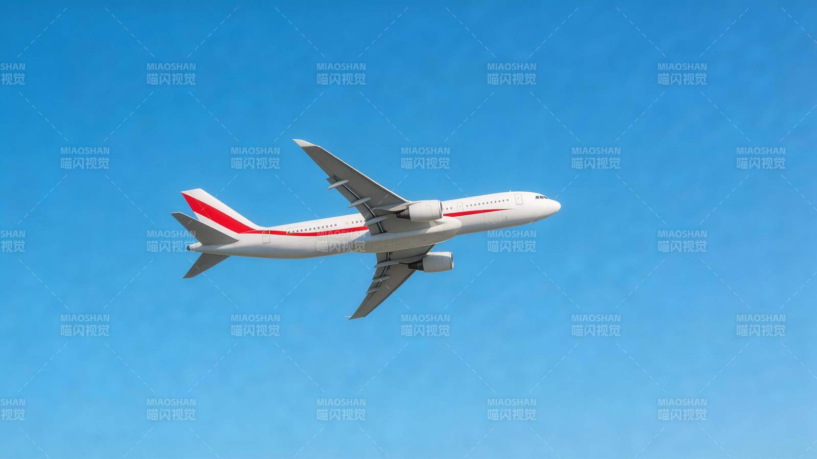 白色客机带红色条纹在蓝天中飞行图片