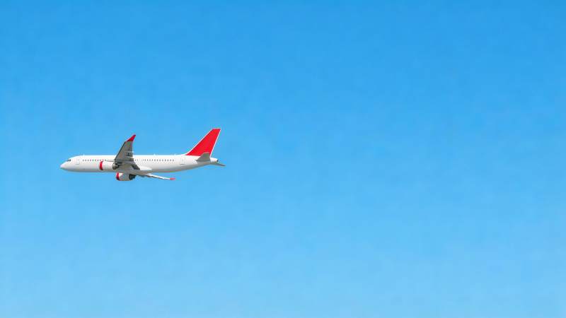 白色客机红尾翼蓝天飞行中图片