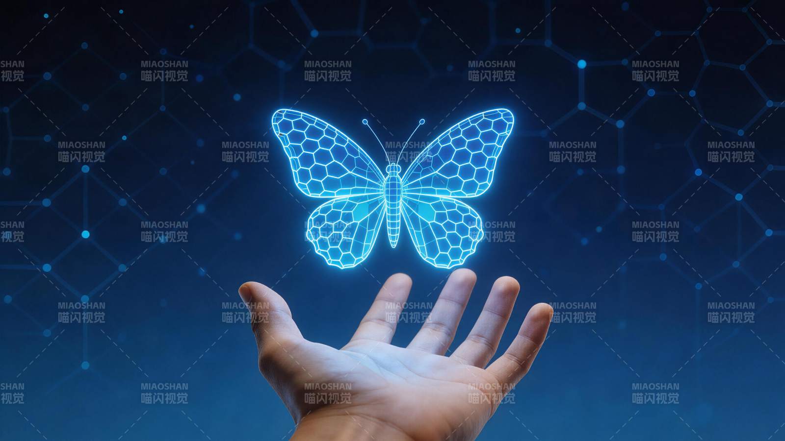 手掌托举蓝色网格蝴蝶数字影像图片