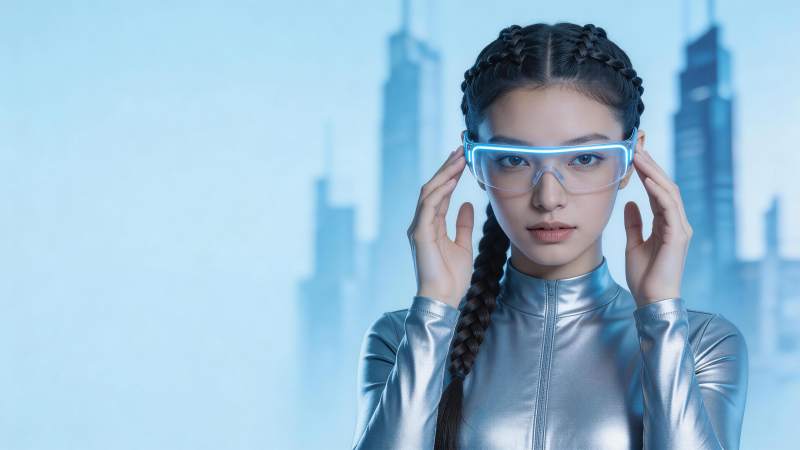 银色紧身衣女子佩戴发光智能眼镜图片