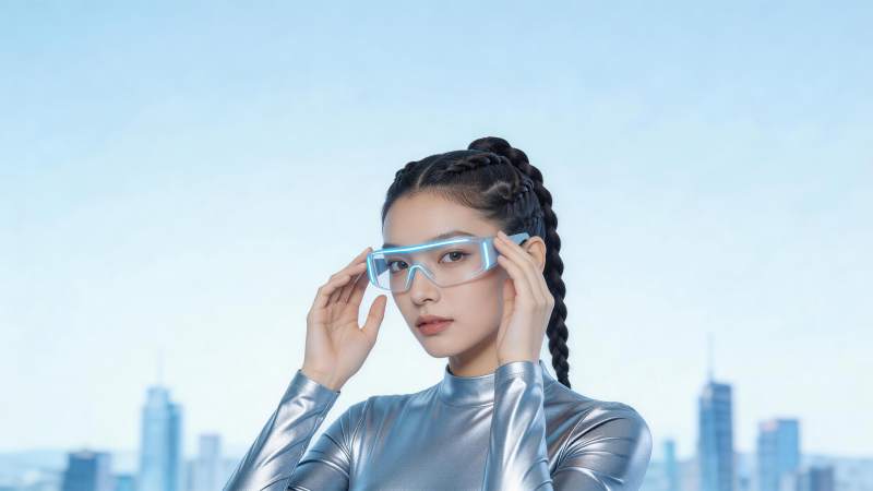 银色紧身衣女子佩戴发光护目镜调整镜框图片