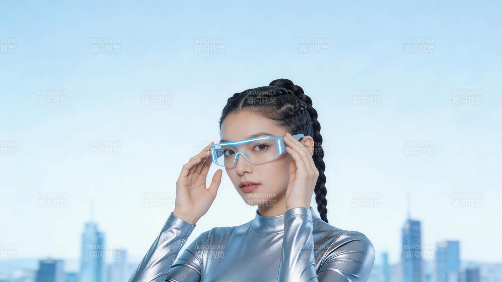 银色紧身衣女子佩戴发光护目镜调整镜框图片