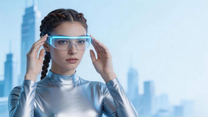 女性佩戴发光智能眼镜调整姿势图片