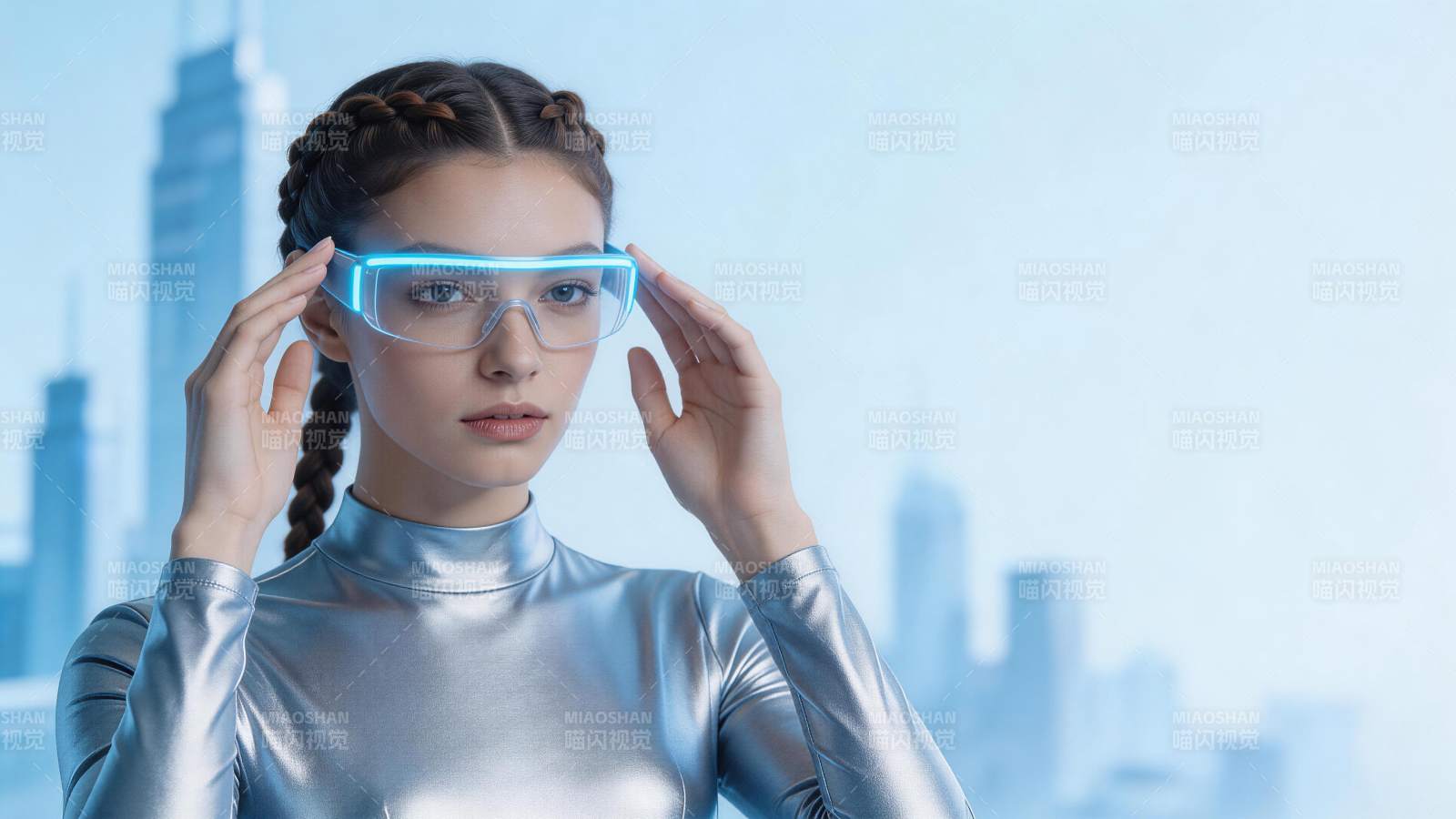 女性佩戴发光智能眼镜调整姿势图片