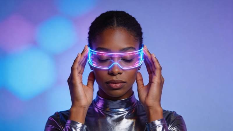 佩戴霓虹发光眼镜的女性闭眼沉思图片