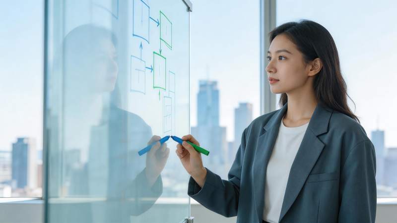女性在玻璃白板前绘制流程图进行工作分析图片