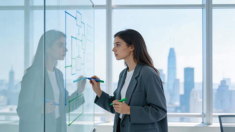 职场女性在玻璃白板前绘制流程图图片