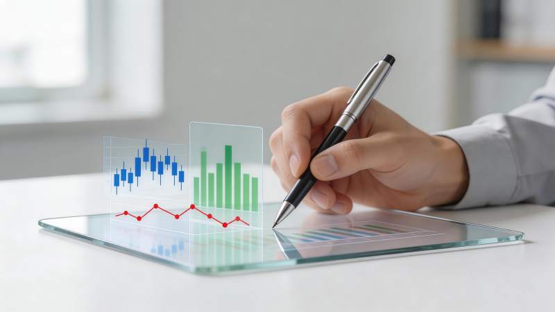 手握钢笔触控透明平板显示数据图表图片