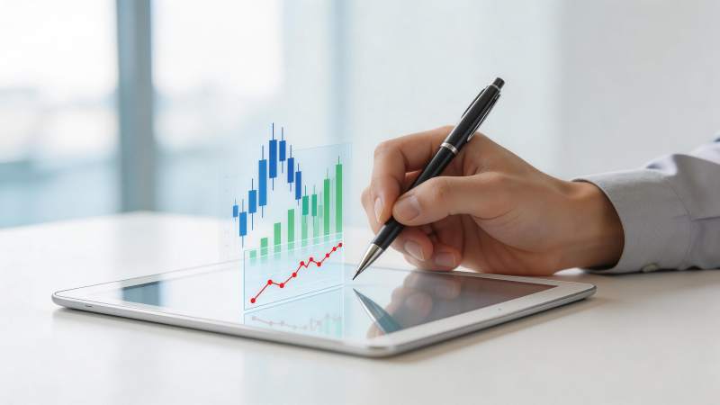 手持钢笔指向平板电脑上的金融图表数据图片
