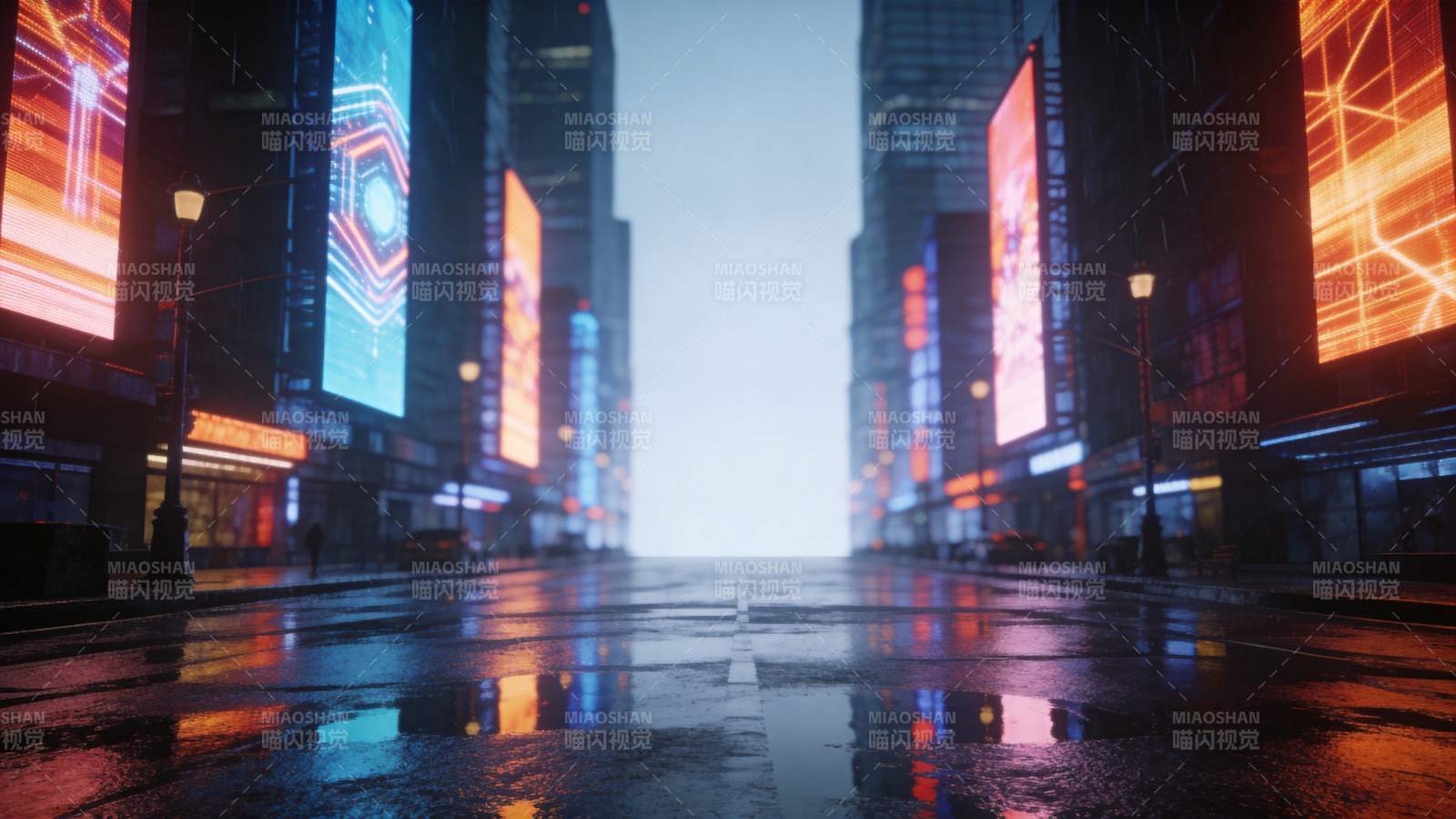 雨夜城市街道霓虹灯光映照湿漉路面图片