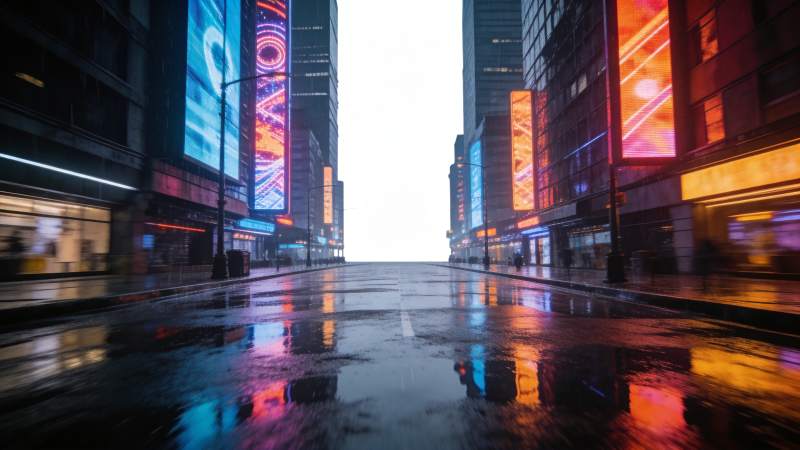 雨夜城市街道霓虹灯光映照湿漉路面图片