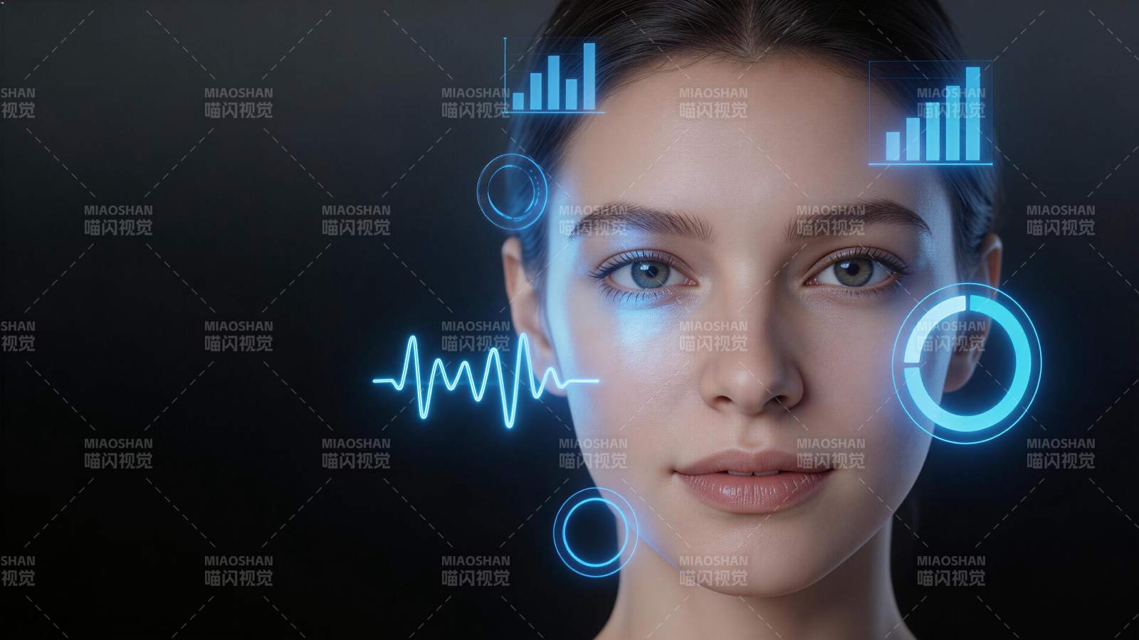 女性面部环绕蓝色科技数据图表界面图片
