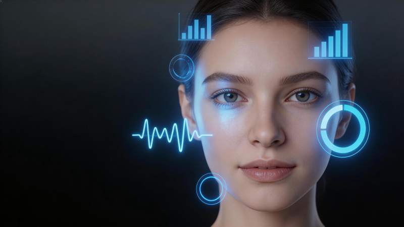 女性面部环绕蓝色科技数据图表界面图片