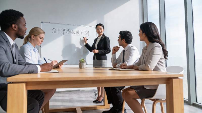 商务团队在会议室讨论Q3市场拓展计划图片