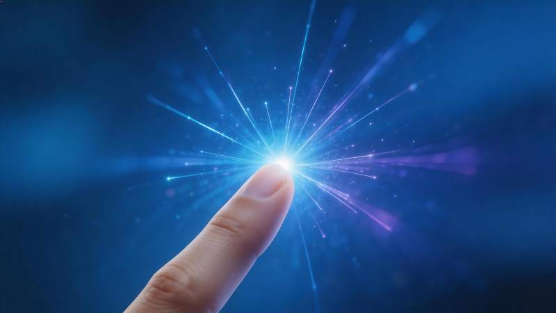 手指触碰发光粒子形成科技光效图片