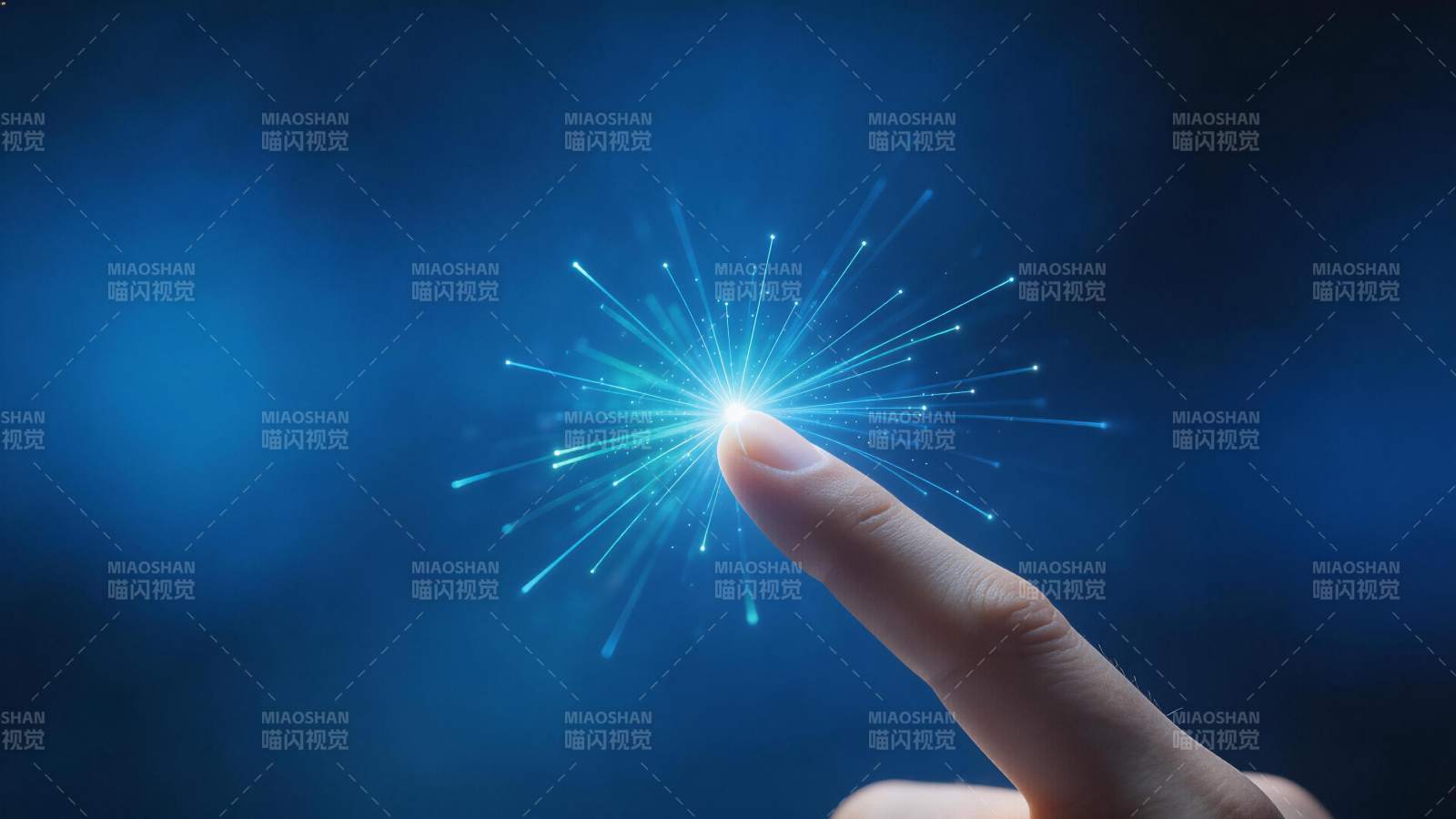 手指触碰蓝色光点引发光束扩散效果图片