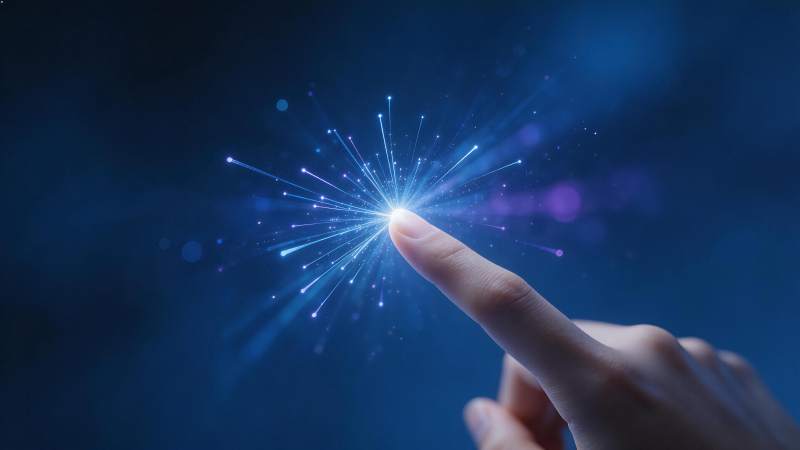 手指触碰发光粒子形成光束效果图片