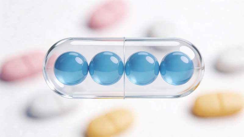 透明胶囊内含四颗蓝色药丸特写图片