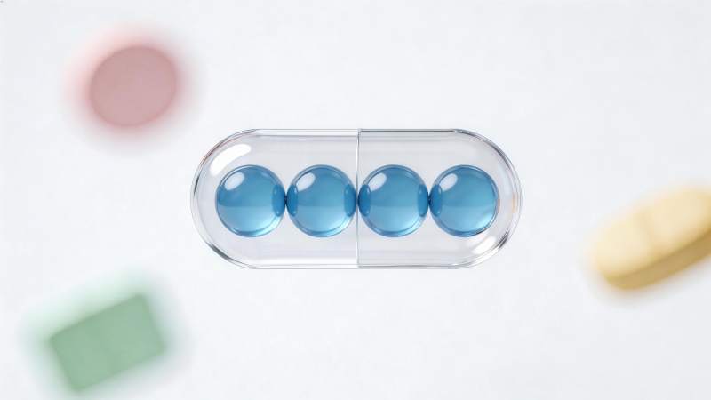 透明胶囊内含三颗蓝色药丸特写图片