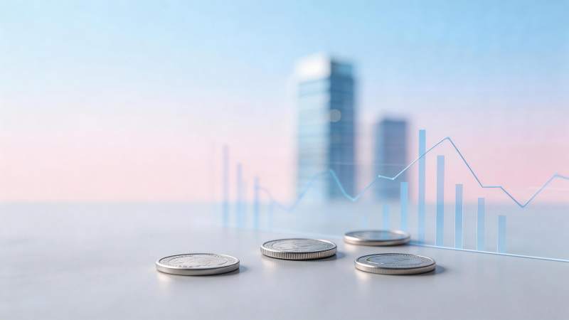 硬币与金融图表叠加的城市背景图片