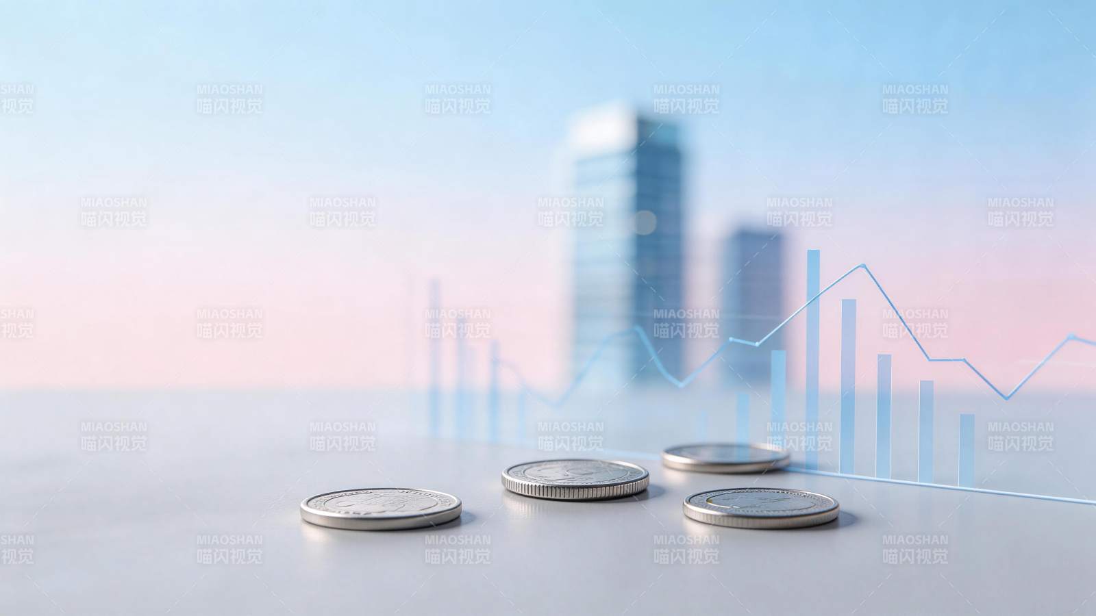 硬币与金融图表叠加的城市背景图片