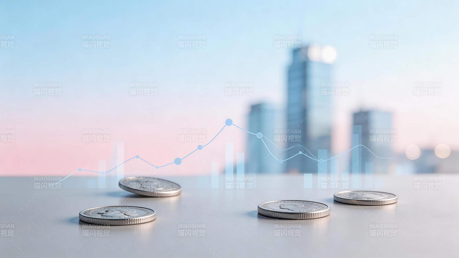 硬币与上升趋势线叠加的城市金融背景图图片