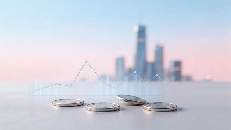 硬币与数据图表叠加的城市金融场景图片