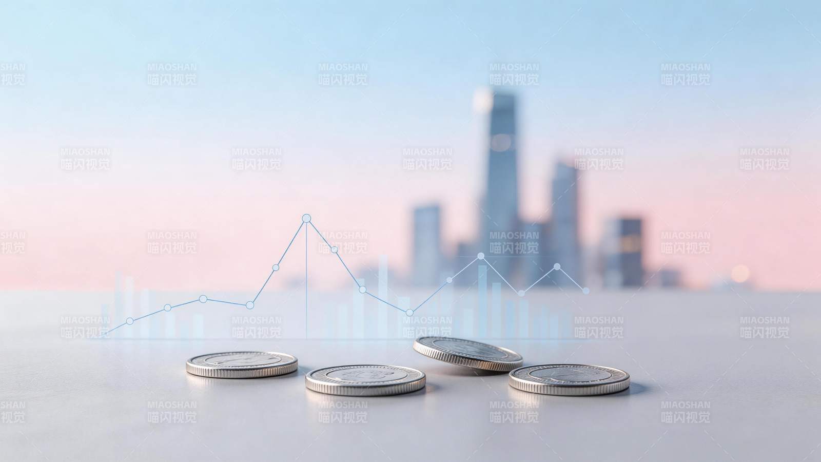 硬币与数据图表叠加的城市金融场景图片