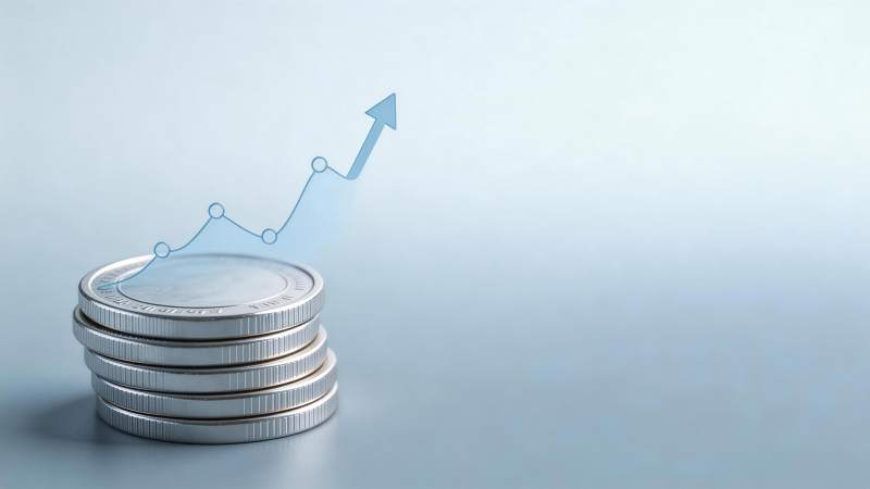 硬币堆叠上方绘制上升趋势箭头图表图片