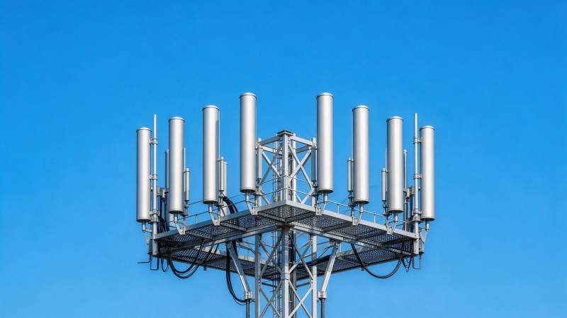 通信基站天线阵列在晴朗蓝天背景下图片