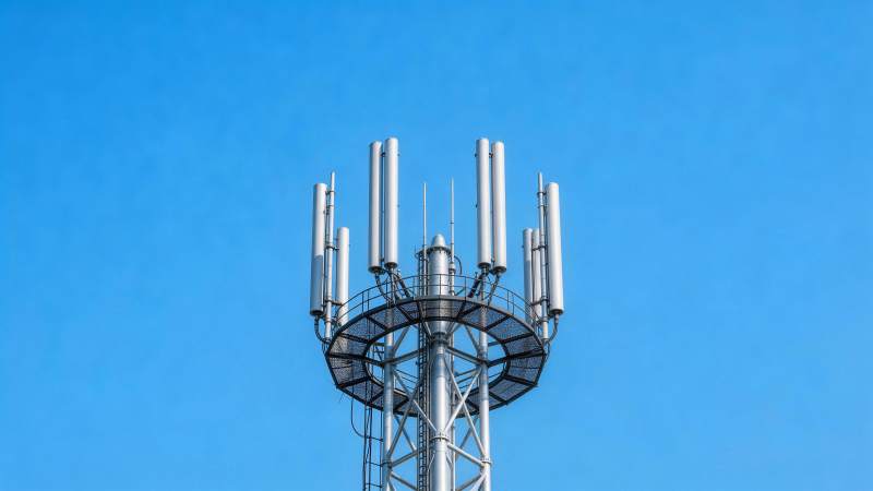 通信基站天线阵列在蓝天背景下的特写图片