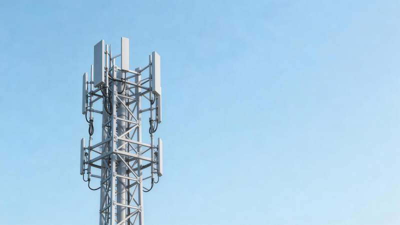 通信基站天线塔架与蓝天背景特写图片