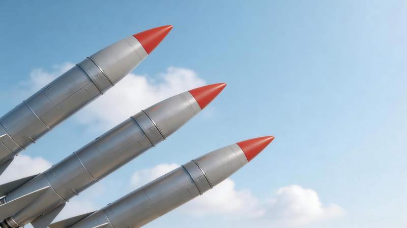 三枚银色导弹并列指向蓝天背景图片