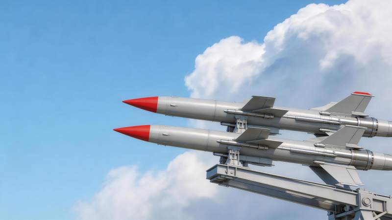 两枚银色导弹安装于发射架上指向蓝天图片