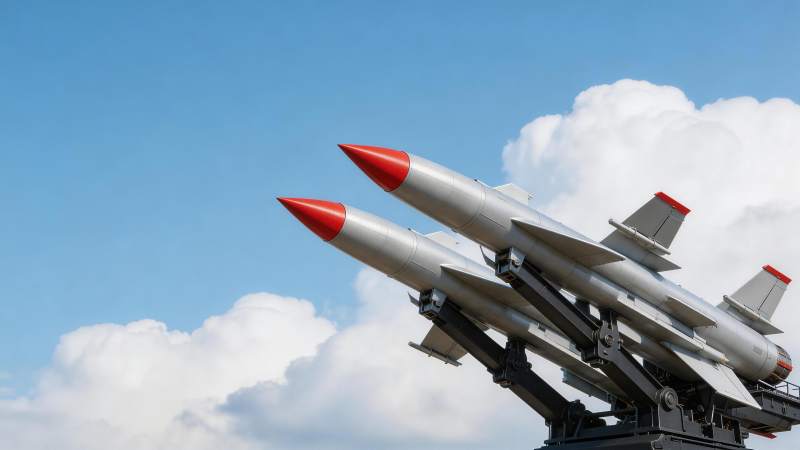 两枚银色导弹安装在发射架上指向蓝天图片