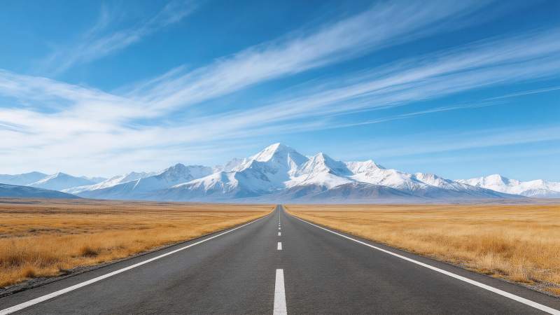 笔直公路延伸至雪山脚下辽阔草原图片