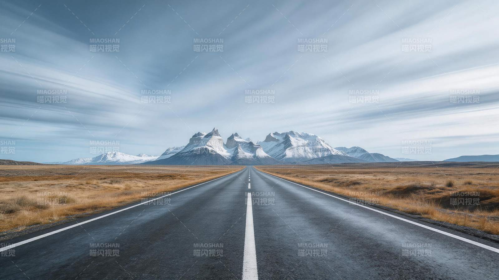 笔直公路延伸至雪山脚下辽阔荒原图片