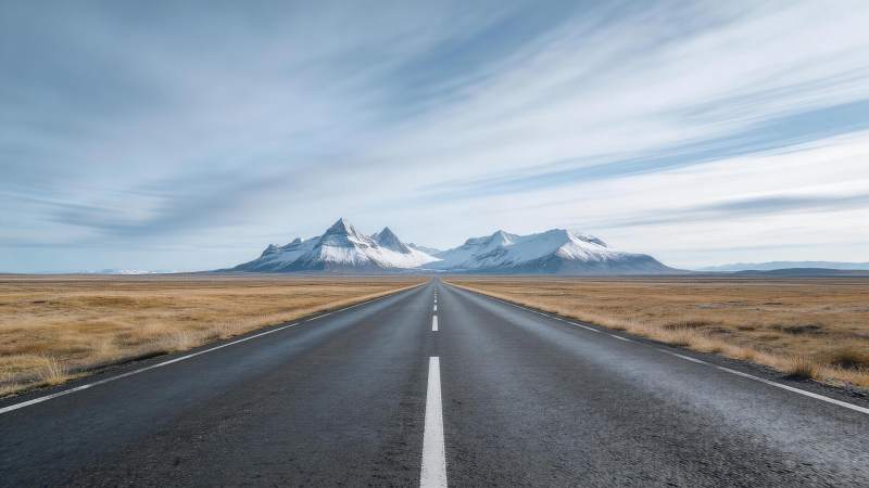 笔直公路延伸至雪山脚下辽阔荒原图片