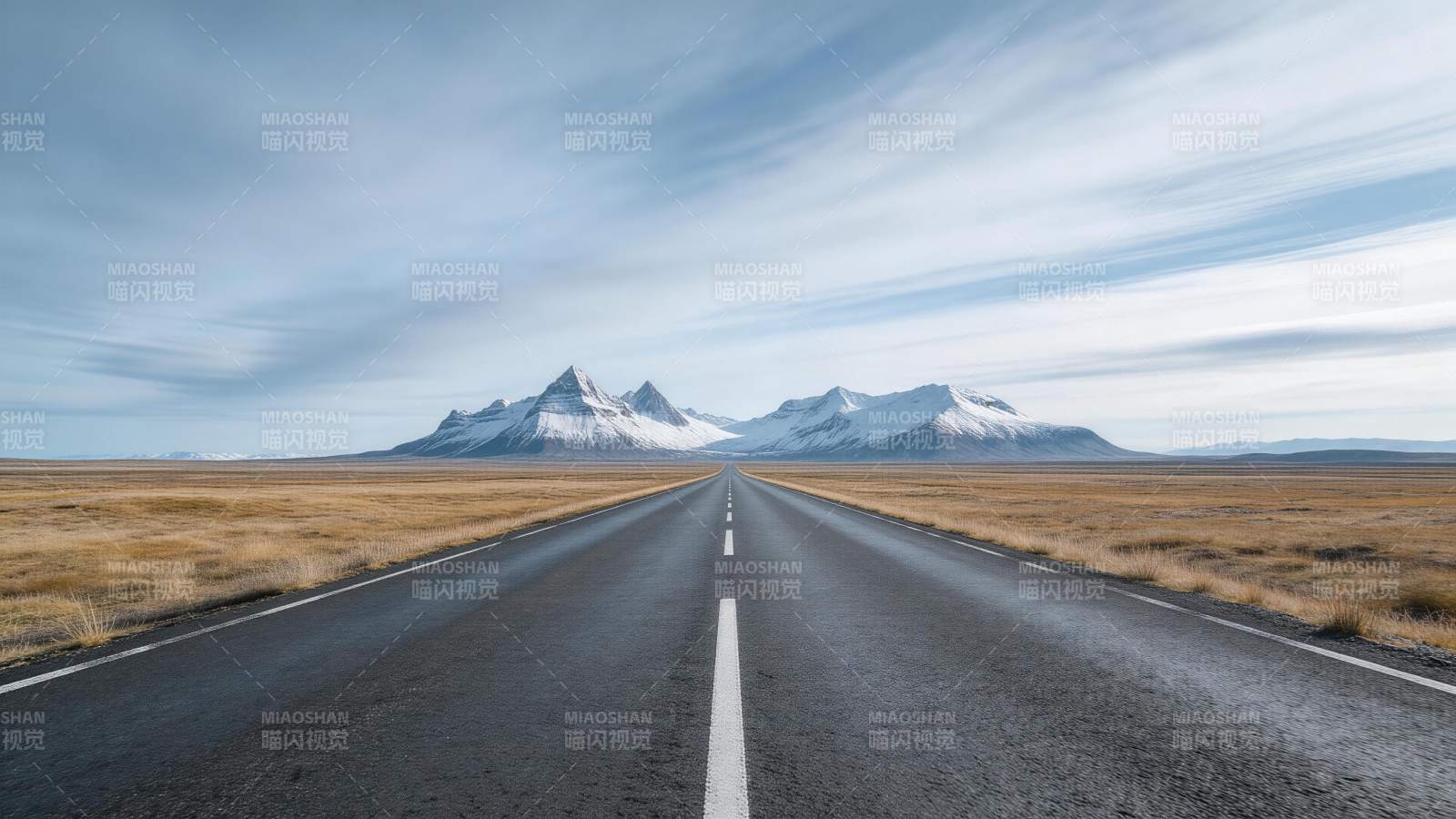 笔直公路延伸至雪山脚下辽阔荒原图片