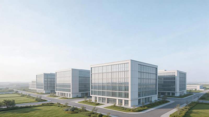 现代玻璃幕墙办公楼群与绿化道路景观图片