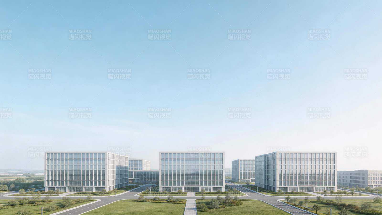 现代玻璃幕墙办公楼群与绿化道路景观图片