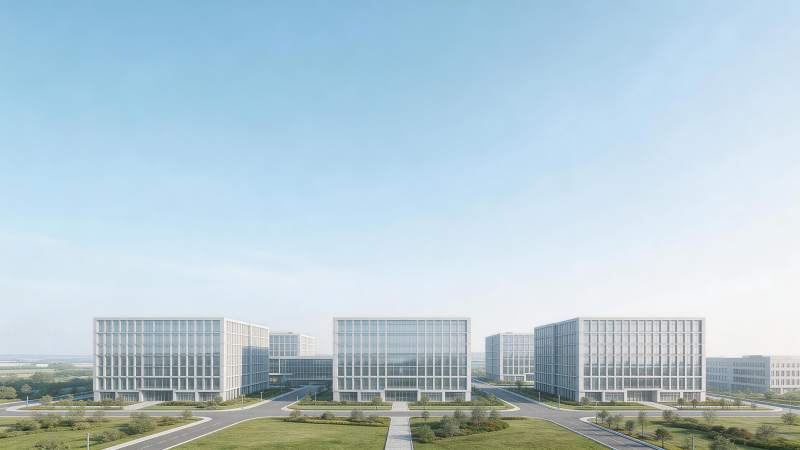 现代玻璃幕墙办公楼群与绿化道路景观图片