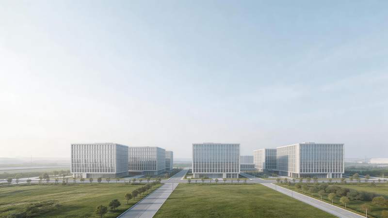 现代风格多栋玻璃幕墙办公楼群远景图片