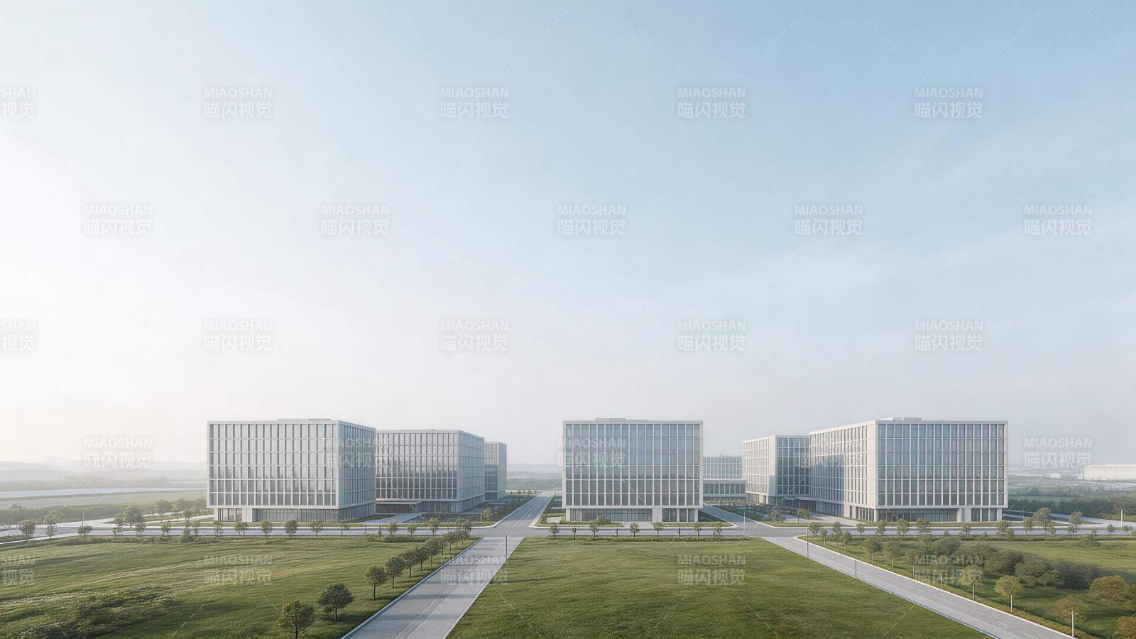 现代风格多栋玻璃幕墙办公楼群远景图片