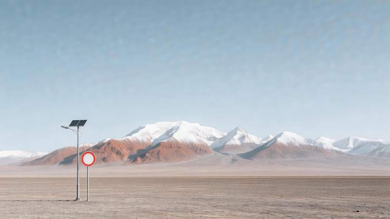 荒漠中太阳能路灯与雪山背景景观图片