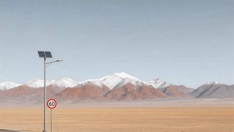 荒漠公路旁太阳能路灯与雪山远景图片