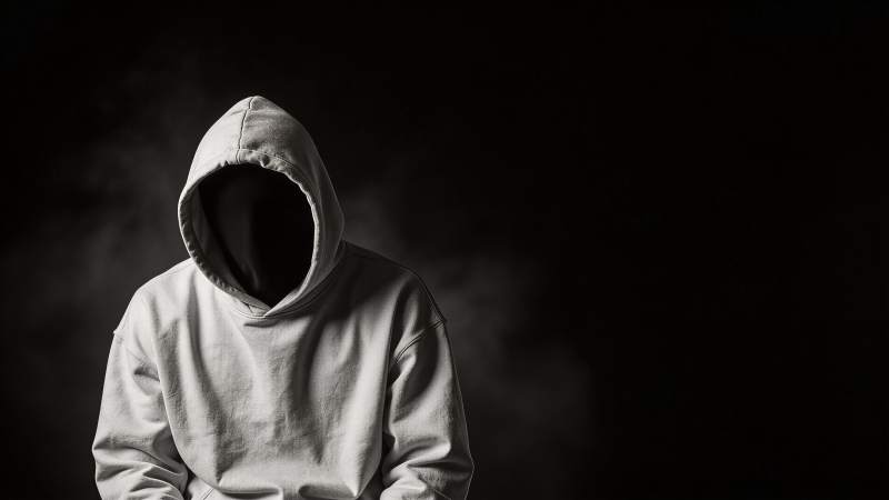 戴兜帽人物剪影黑背景特写图片