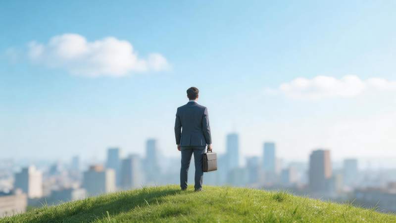 西装男子持公文包立于草坡远眺城市天际线图片